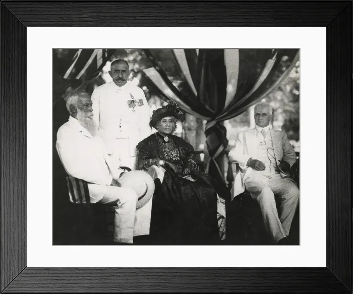 Framed Print : Ex-Queen Liliuokalani on her 70th birthday, seated with Sanford Dole (left) in 1914. At right is Lucius Eugene Pinkham, Territorial Governor Framed Print : Ex-Queen Liliuokalani on her 70th birthday, seated with Sanford Dole (left) in 1914. At right is Lucius Eugene Pinkham, Territorial Governor