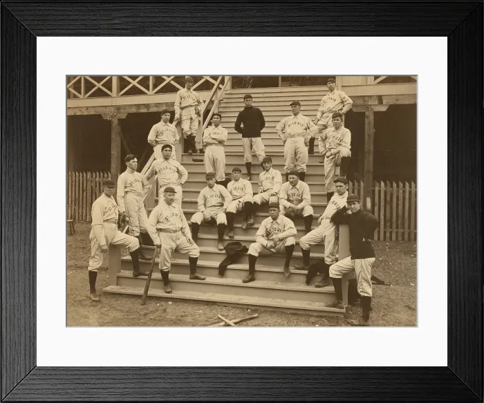 Framed Print : St. Louis Perfectos baseball club players standing and sitting on stairway to grandstand 1899. Prior to 1899, the team played as the St. Louis Browns (BSLOC_2018_4_124) Framed Print : St. Louis Perfectos baseball club players standing and sitting on stairway to grandstand 1899. Prior to 1899, the team played as the St. Louis Browns (BSLOC_2018_4_124)