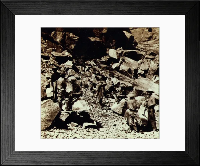 Framed Print : Chinese workers wearing traditional clothing while excavating the track bed of the Central Pacific Railroad, in the Sierra Nevada Mountains of California. Ca. 1867