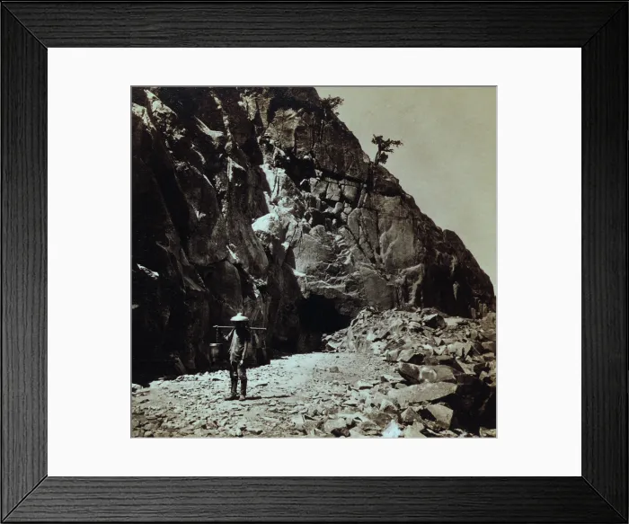 Framed Print : Chinese railroad worker wearing traditional clothing and hats while working on the Central Pacific Railroad, in the Sierra Nevada Mountains of California