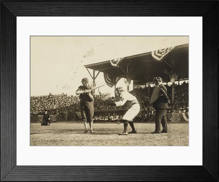 Framed Print : Otis Clymer, Washington AL (now Senators) batting, and Red Kleinow, New York Yankees catching, 1909 (BSLOC_2018_4_127)