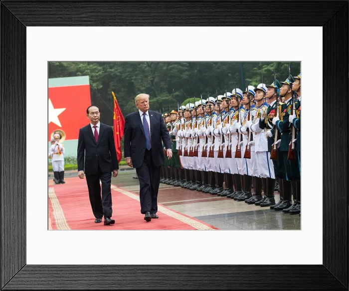 Framed Print : President Donald Trump and Vietnamese President Quang review troops in Hanoi, Nov. 12, 2017 Framed Print : President Donald Trump and Vietnamese President Quang review troops in Hanoi, Nov. 12, 2017