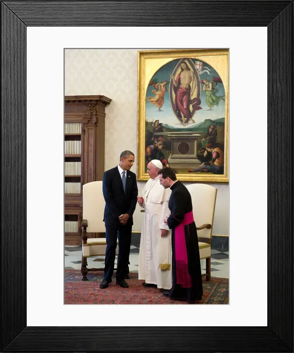 Framed Print : President Barack Obama talks with Pope Francis following a private audience at the Vatican. March 27, 2014