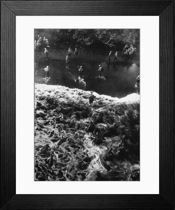 Framed Print : Overhead view as Marines hit the beach at Cape Gloucester, New Britain. At the other end of the island, over 200 miles away, was the strategic Japanese base at Rabaul. Dec Framed Print : Overhead view as Marines hit the beach at Cape Gloucester, New Britain. At the other end of the island, over 200 miles away, was the strategic Japanese base at Rabaul. Dec