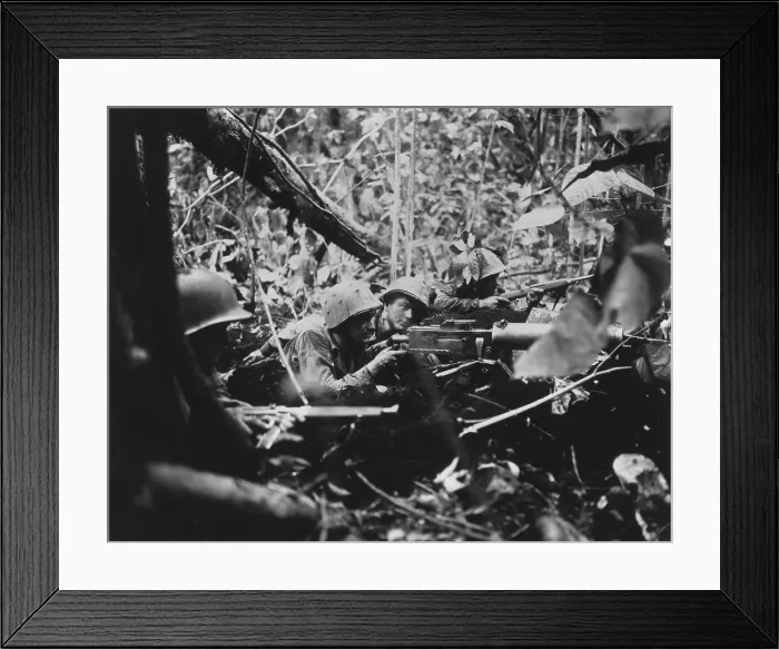 Framed Print : U.S. Marine machine gunners firing at Japanese in Battle of Cape Gloucester, New Britain. Jan. 1, 1944. (BSLOC_2013-12_175) Framed Print : U.S. Marine machine gunners firing at Japanese in Battle of Cape Gloucester, New Britain. Jan. 1, 1944. (BSLOC_2013-12_175)