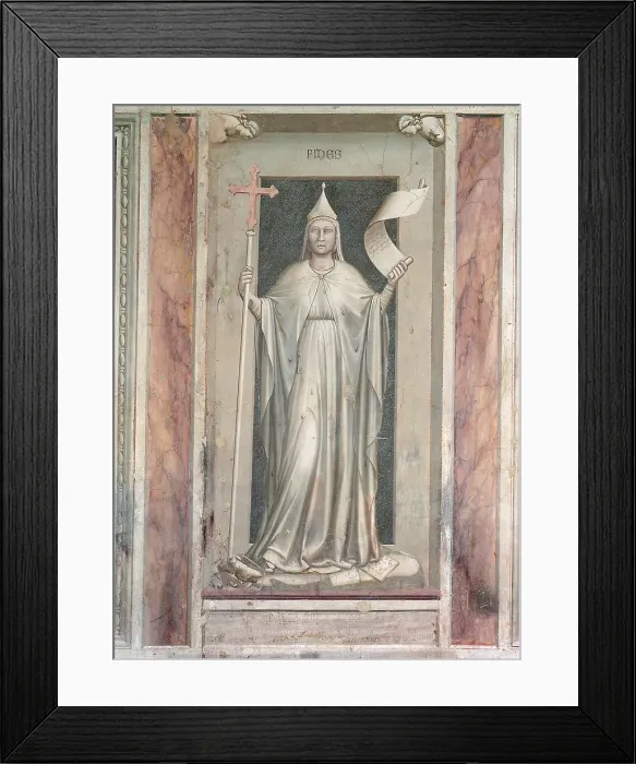 Framed Print : Allegories of Virtues and Vices, by Giotto, 1304 - 1306 about, 14th Century, fresco, cm 120 x 60 - Italy, Veneto, Padua, Scrovegni Chapel Framed Print : Allegories of Virtues and Vices, by Giotto, 1304 - 1306 about, 14th Century, fresco, cm 120 x 60 - Italy, Veneto, Padua, Scrovegni Chapel