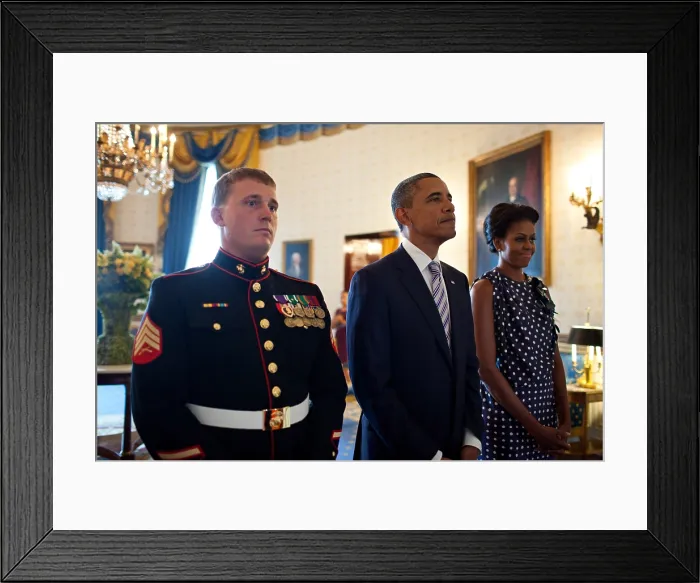 Framed Print : President Barack and Michelle Obama with Dakota Meyer before Medal of Honor presentation ceremony. Sept. 15, 2011. Marine Sgt