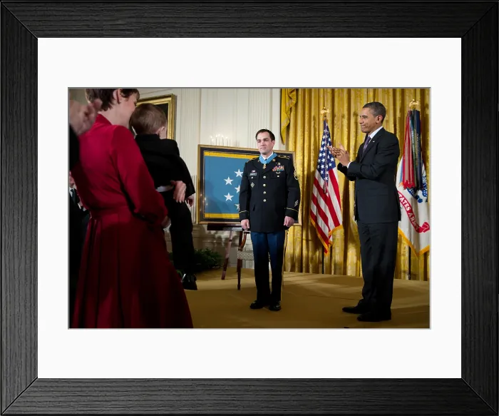 Framed Print : Former Staff Sergeant Clinton Romesha receives the Medal of Honor at the White House. President Obama applauds at right