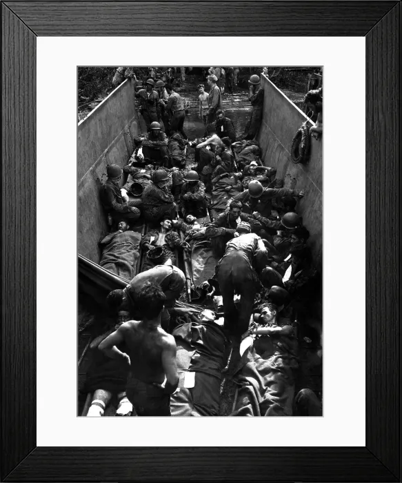 Framed Print : Wounded U.S. soldiers on stretchers aboard a transport at Munda Point, New Georgia. Battle of Munda Point (July 22 -Aug. 4, 1943), was a U.S