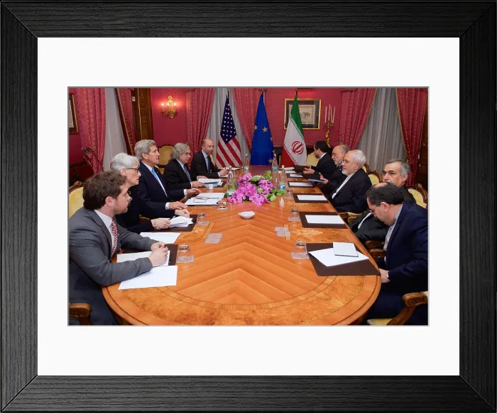 Framed Print : Iranian Foreign Minister Zarif and U.S. representatives in Iranian Nuclear Program Negotiations. Lausanne, Switzerland, March 29, 2015