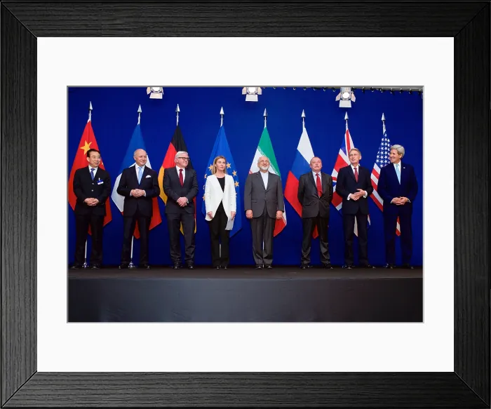 Framed Print : Photo of the P5+1 member nations and Iranian officials at the end of negotiations, April 2, 2015
