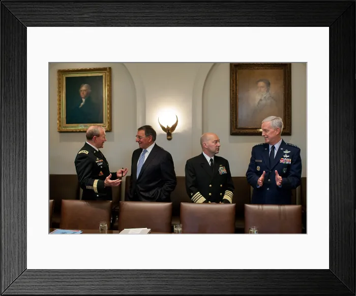 Framed Print : U.S. Military leaders before meeting with Combatant Commanders and senior military leadership. L-R: Gen. Martin Dempsey, Chrm, Joint Chiefs; Defense Sec. Leon Panetta; Adm