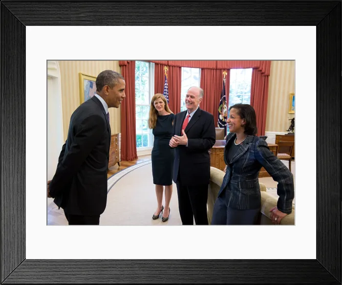 Framed Print : President Barack Obama with advisors in the Oval Office, June 5, 2013. From left: Samantha Power, former Sr. Dir. For Multilateral Affairs and Human Rights; Natl