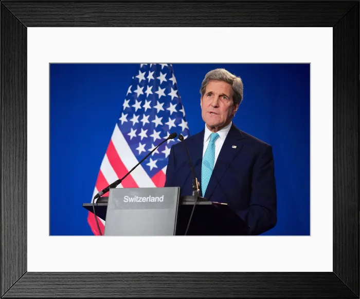 Framed Print : Secretary Kerry at press conference at the end of P5+1 negotiations about Iran's nuclear program. Lausanne in Switzerland, April 2, 2015. (BSLOC_2015_13_289) Framed Print : Secretary Kerry at press conference at the end of P5+1 negotiations about Iran's nuclear program. Lausanne in Switzerland, April 2, 2015. (BSLOC_2015_13_289)