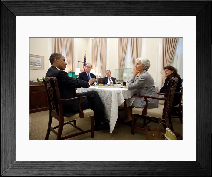 Framed Print : President Obama talks with Christine Lagarde, Managing Dir. Of International Monetary Fund. White House, Sept. 7, 2011. Also at the meeting are L-R: National Sec