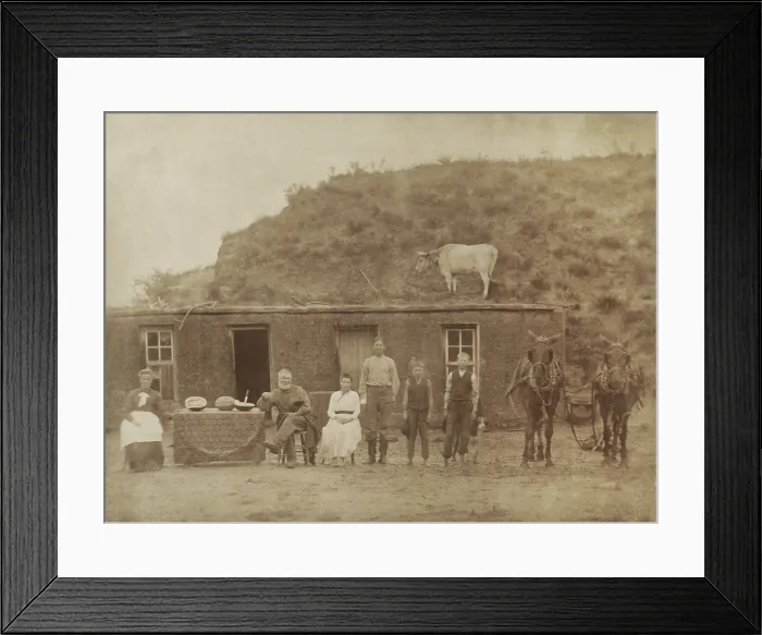 Framed Print : The Sylvester Rawding family in front of sod house, north of Sargent, Custer County, Nebraska, 1886. L-R: Emma (Leadbetter) Rawding, Sylvester W