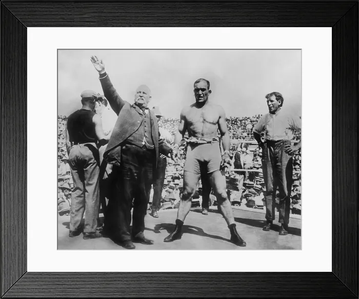 Framed Print : Jim Jeffries is introduced by John L. Sullivan before his fight with the champion, Jack Johnson