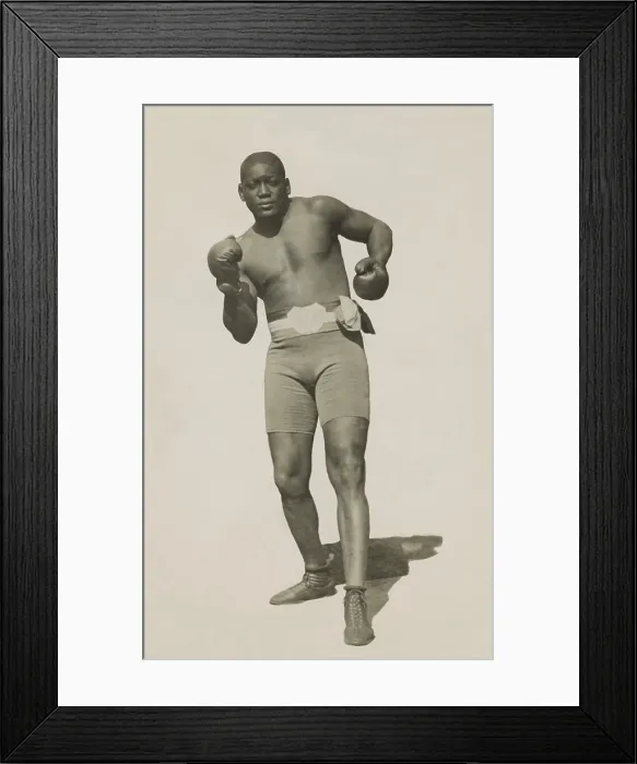 Framed Print : Boxer Jack Johnson, won the World Heavyweight Championship from Tommy Burns on Dec. 26, 1908. Photo c. 1910 (BSLOC_2018_4_149) Framed Print : Boxer Jack Johnson, won the World Heavyweight Championship from Tommy Burns on Dec. 26, 1908. Photo c. 1910 (BSLOC_2018_4_149)