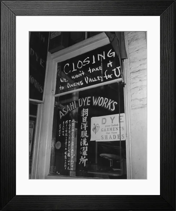 Framed Print : Shop window of the Japanese American owned Asahi Dye Works in Los Angeles Little Tokyo. The sign reads, Closing Framed Print : Shop window of the Japanese American owned Asahi Dye Works in Los Angeles Little Tokyo. The sign reads, Closing