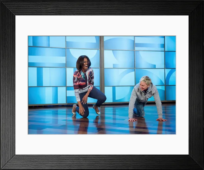 Framed Print : First Lady Michelle Obama rehearses with Ellen DeGeneres for a #GimmeFive Let's Move! dance Framed Print : First Lady Michelle Obama rehearses with Ellen DeGeneres for a #GimmeFive Let's Move! dance