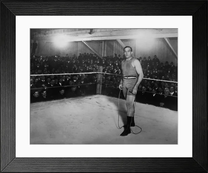 Framed Print : Jim Jeffries, holding jumping rope in a boxing ring, c.1900-1910 Framed Print : Jim Jeffries, holding jumping rope in a boxing ring, c.1900-1910