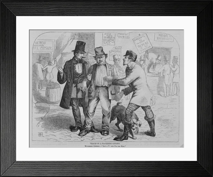 Framed Print : Trials of a wavering citizen, shows a potential voter pulled in two directions by politicians