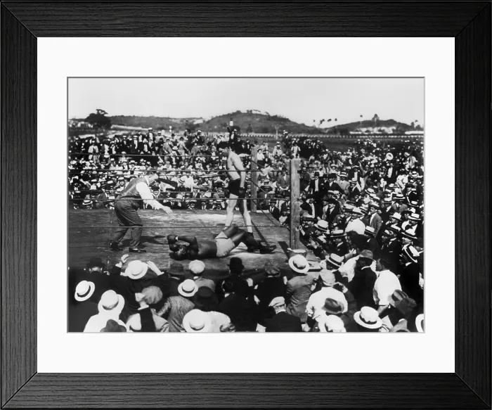 Framed Print : Jess Willard standing over a knocked out boxer Jack Johnson, as the referee counts to 10 Framed Print : Jess Willard standing over a knocked out boxer Jack Johnson, as the referee counts to 10