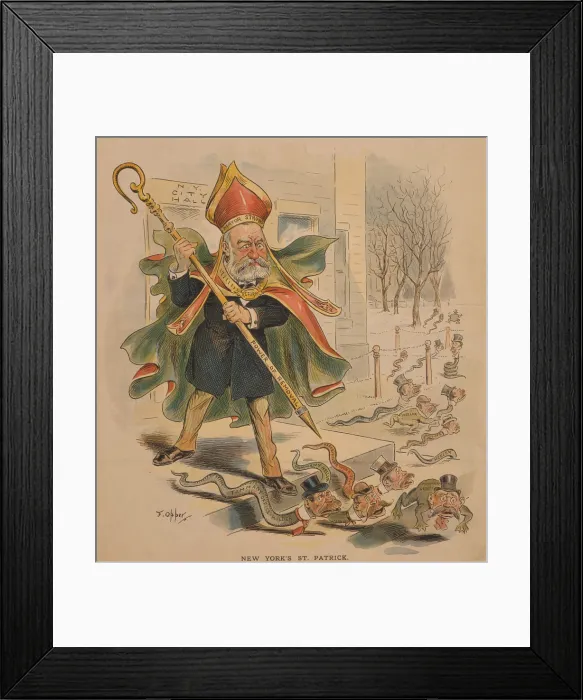 Framed Print : 1895 political cartoon of New York City's Mayor Strong, dressed as St. Patrick, driving snakes and frogs, representing Tammany Hall's immigrant political base, from N.Y Framed Print : 1895 political cartoon of New York City's Mayor Strong, dressed as St. Patrick, driving snakes and frogs, representing Tammany Hall's immigrant political base, from N.Y