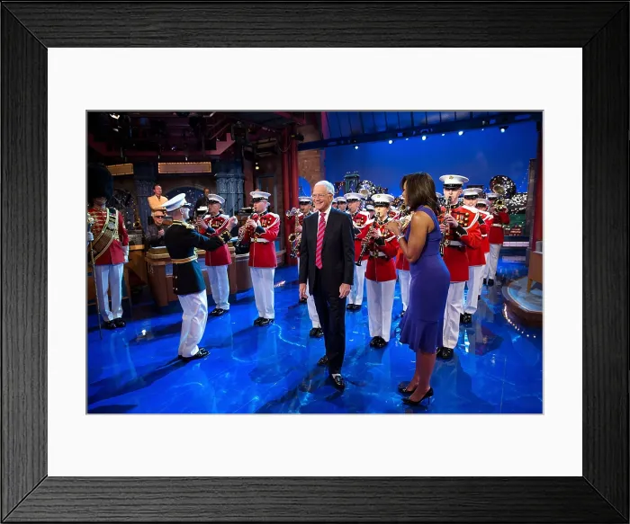 Framed Print : First Lady Michelle Obama surprises David Letterman with the United States Marine Band Framed Print : First Lady Michelle Obama surprises David Letterman with the United States Marine Band
