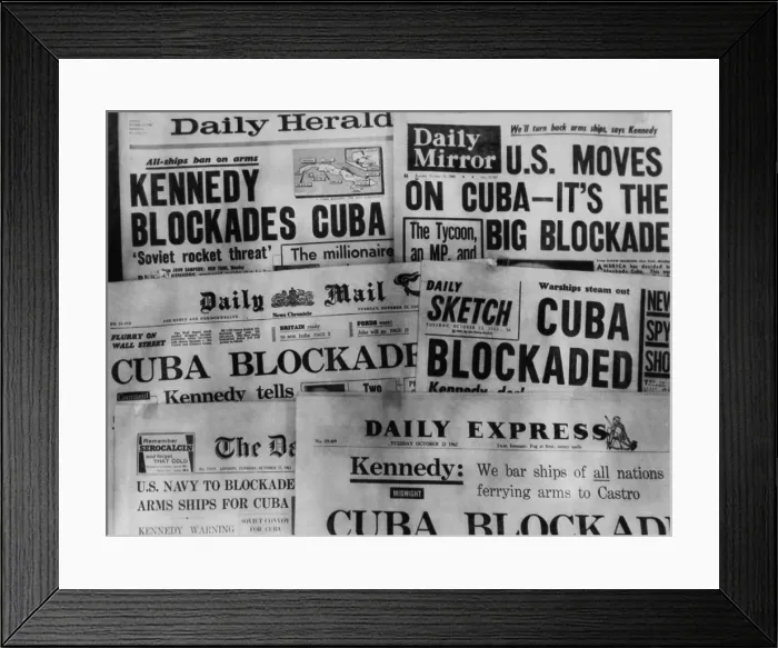 Framed Print : Headline of Britain's daily newspapers announcing President Kennedy's blockade of Cuba. Oct. 23, 1962. (BSLOC_2015_2_231)