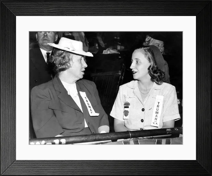 Framed Print : Bess and Margaret Truman at the 1940 Democratic Convention. They wear Truman for VP Ribbons