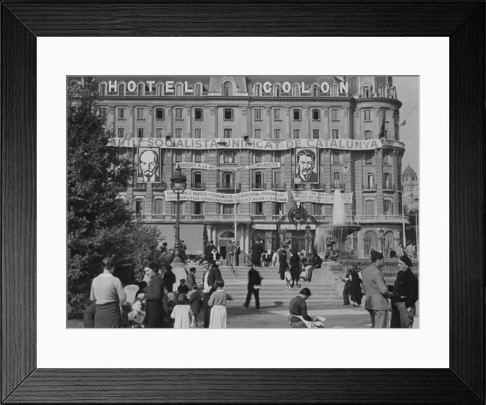 Framed Print : The headquarters of the PSUC (Catalan Communist Party) were in the Hotel Colon in Placa Cataluna. Building is draped with banners and slogans, and portraits of Stalin and Lenin Framed Print : The headquarters of the PSUC (Catalan Communist Party) were in the Hotel Colon in Placa Cataluna. Building is draped with banners and slogans, and portraits of Stalin and Lenin