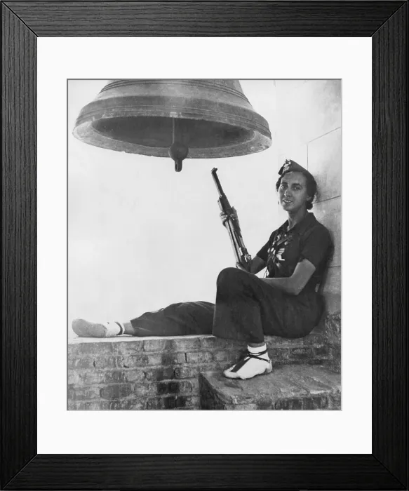 Framed Print : Female soldier on watch in the bell tower of a church in a village in the Aragon region. It is not known for which side this woman fought. Spanish Civil War, 1936-1939