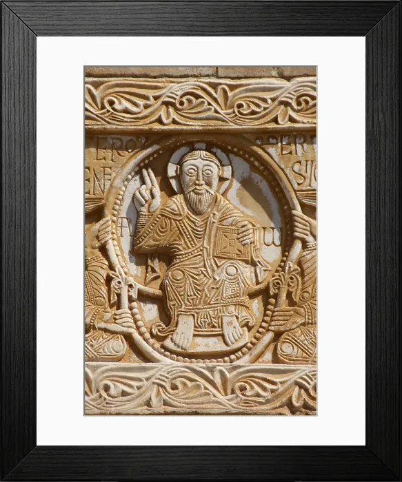 Framed Print : FRANCE. Saint Genis-des-Fontaines. Saint Genis Abbey. Monastery founded in 10th century. Facade and western gate. Lintel from 1019-1020. Christ in majesty. Romanesque art