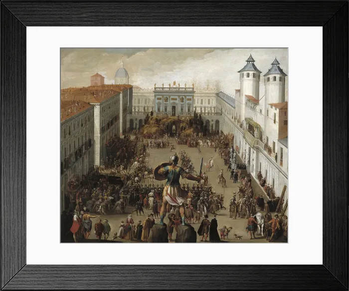 Framed Print : Tournament in Castle Square, celebrated to commemorate the wedding of Victor Amadeus I, Duke of Savoy with Christine Marie of France. Baroque art. Oil. ITALY. Turin
