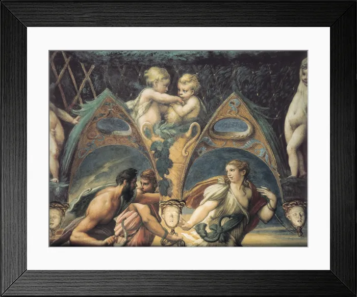 Framed Print : PARMIGIANINO, Francesco Mazzola, called Il (1503-1540). Legend of Artemis and Actaeon. 1523. ITALY. Fontanellato. La Rocca. Scene of the pursuit of love. Renaissance art