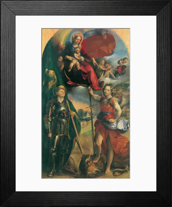 Framed Print : Luteri Giovanni know as Dosso Dossi, Madonna in Glory with Child, Angels and Sts George and Michael Archangel, 1525, 16th Century, oil on panel, Italy, Emilia Romagna, Modena
