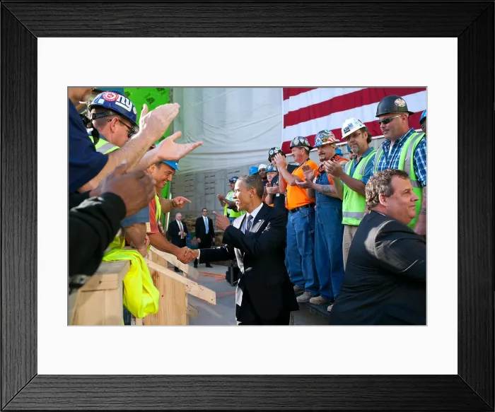 Framed Print : President Obama and Governor Chris Christie, greet workers at One World Trade Center site. June 14, 2012 (BSLOC_2015_13_212) Framed Print : President Obama and Governor Chris Christie, greet workers at One World Trade Center site. June 14, 2012 (BSLOC_2015_13_212)