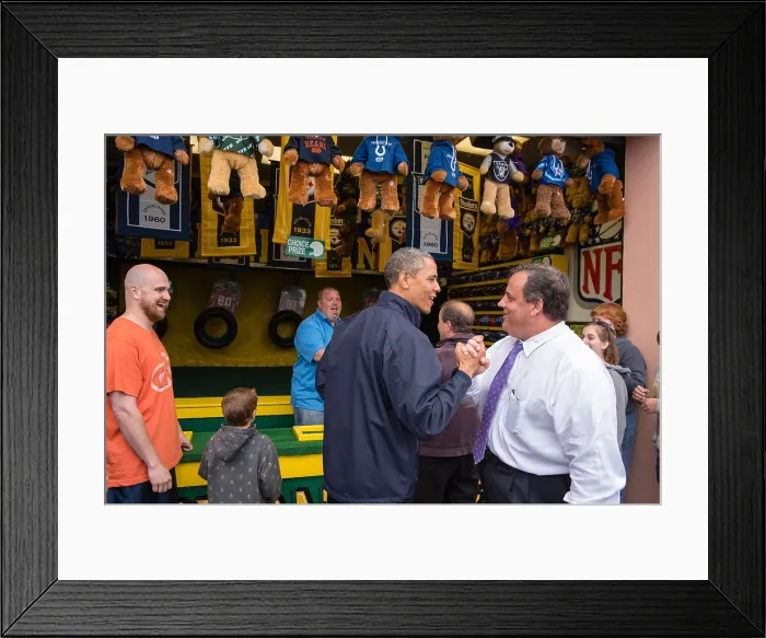 Framed Print : President Obama and Governor Chris Christie playing Arcade Game, Touch Down Fever. They were promoting tourism along the Point Pleasant Boardwalk