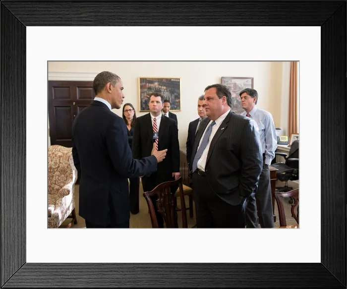 Framed Print : President Obama greets New Jersey Governor Chris Christie and his staff In Chief of Staff Jack Lew's West Wing office Framed Print : President Obama greets New Jersey Governor Chris Christie and his staff In Chief of Staff Jack Lew's West Wing office