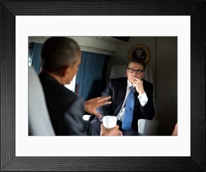 Framed Print : President Barack Obama meets with Texas Gov. Rick Perry on Marine One from Fort Worth to Dallas. July 9, 2014