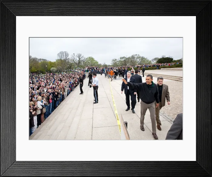 Framed Print : President Barack Obama waves to tourists at the Lincoln Memorial in Washington, D.C. April 9, 2011