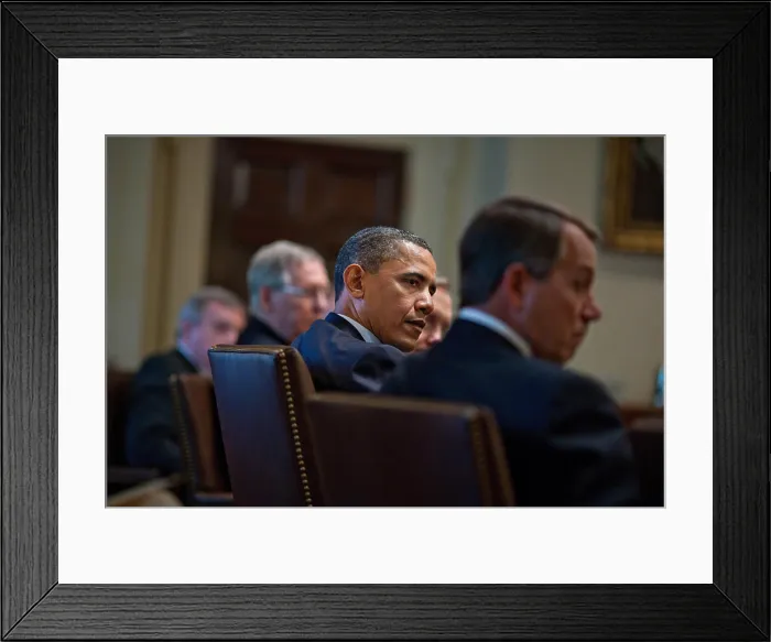 Framed Print : President Obama meets with bipartisan House and Senate Leadership, April 13, 2011. Seated next to the President from left are: Sen. Mitch McConnell and House Speaker John Boehner