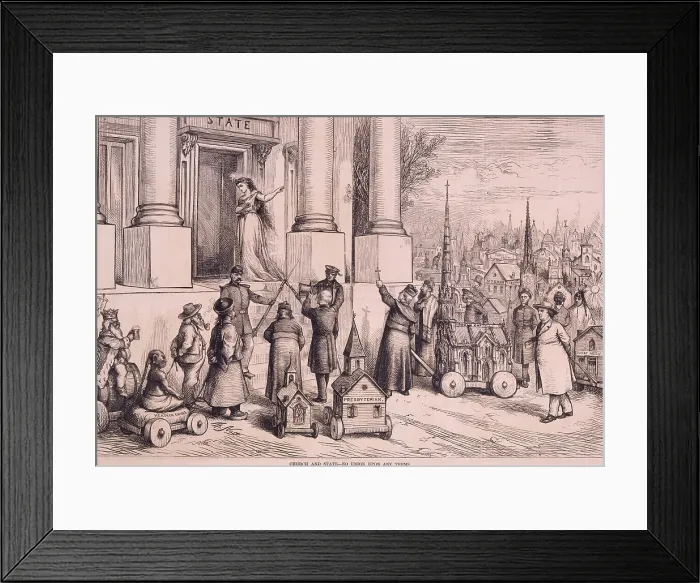 Framed Print : Political cartoon, entitled, CHURCH AND STATE-NO UNION UPON ANY TERMS, by Thomas Nast, shows a symbolic women rejecting, and soldiers blocking