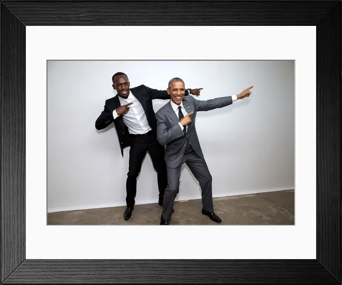 Framed Print : President Barack Obama poses with Usain Bolt, the fastest runner in the world, April 9, 2015