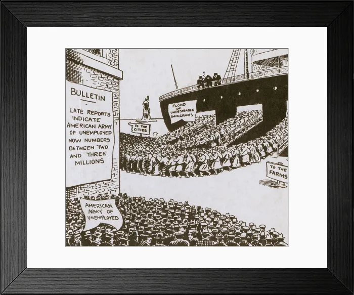 Framed Print : Anti-immigration cartoon of shows disembarking immigrants heading for the American cities as an army of unemployed Americans watch. Ca. 1920 Framed Print : Anti-immigration cartoon of shows disembarking immigrants heading for the American cities as an army of unemployed Americans watch. Ca. 1920