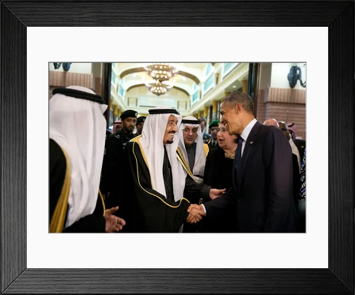 Framed Print : King Salman bin Abdulaziz of Saudi Arabia bids farewell to President Barack Obama. Erga Palace in Riyadh, Saudi Arabia, Jan. 27, 2015. (BSLOC_2015_13_203) Framed Print : King Salman bin Abdulaziz of Saudi Arabia bids farewell to President Barack Obama. Erga Palace in Riyadh, Saudi Arabia, Jan. 27, 2015. (BSLOC_2015_13_203)