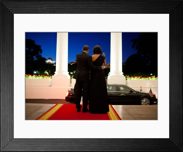 Framed Print : President Barack Obama and Michelle Obama wave goodbye to President Shimon Peres of Israel. From the North Portico of the White House following a dinner in his honor