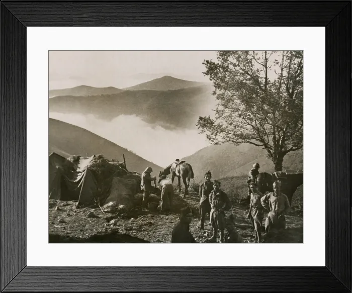 Framed Print : Republican troops in camp in the Pyrenees foothills with grand mountainous scenery Framed Print : Republican troops in camp in the Pyrenees foothills with grand mountainous scenery