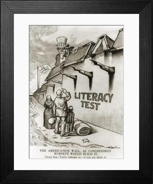 Framed Print : 1916 political cartoon entitled THE AMERICANESE WALL - AS CONGRESSMAN BURNETT WOULD BUILD IT